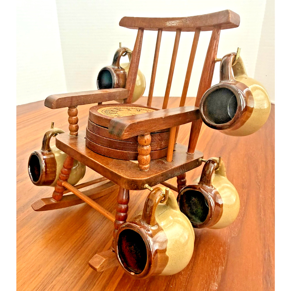 Vintage Wooden Rocking Chair Coaster Holder Set of 6 Rustic Handmade Mugs Shots
